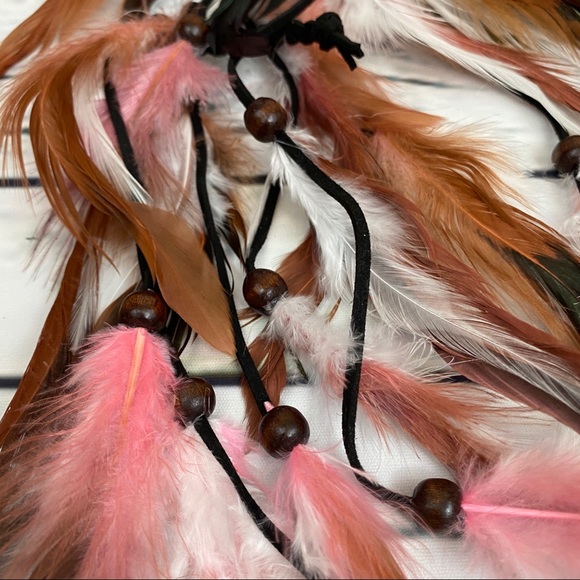 Boho Pink and White Long Feather Elastic Hair Tie - Picture 11 of 14